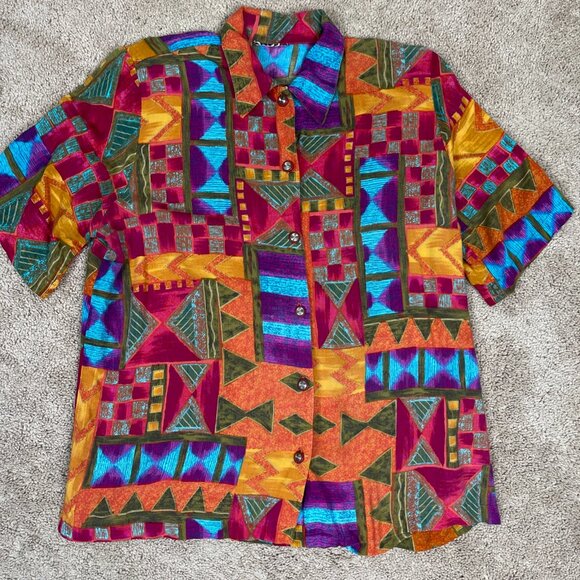Tops - Vintage Art Deco Shirt Womens L Orange Purple Aztec Geometric 80s 90s Sitcom